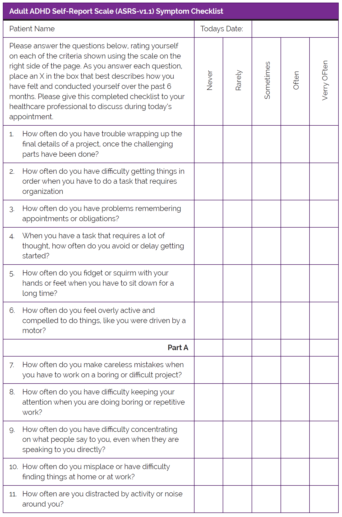 Printable Adult Adhd Self Report Scale 